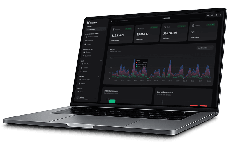 Invoverse application displayed on laptop mockup